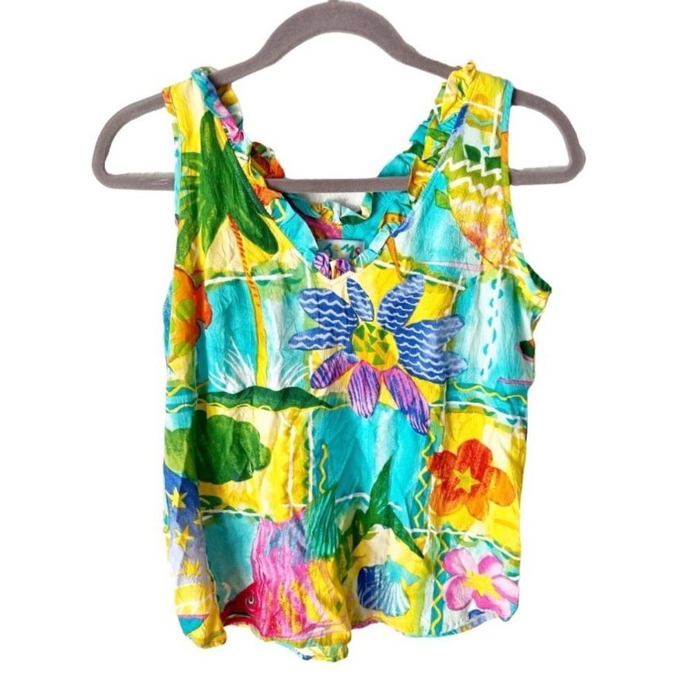 Jams World Bold Tropical Resortwear Palm Floral Seashell Patchwork Top Size XS
